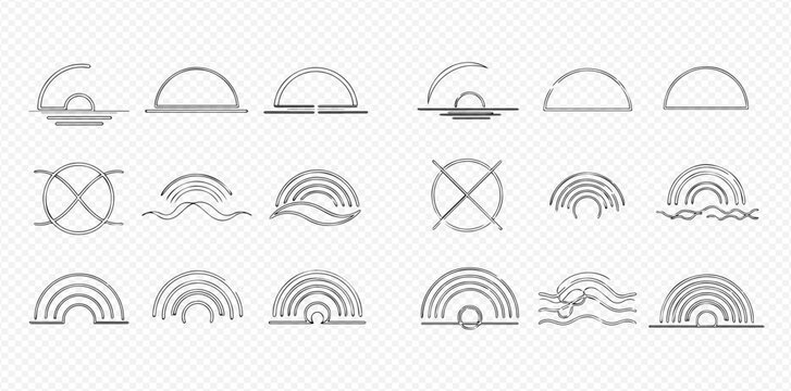 Set of abstract rainbow and sun vector line art icons for logo design and graphic elements.
