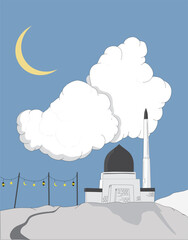 White mosque with a dark grey dome and minarets with a big cloud, a moon and hangin ornament lighting with a light foreground and shadow.