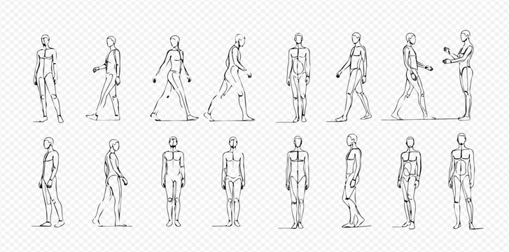 Human body outline sketches set, male and female figures in various poses, hand-drawn vector illustration.
