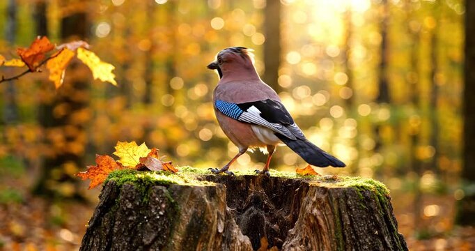A vibrant jay bird walking on a mossy tree stump surrounded by autumn foliage and sunlight
