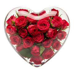 Heart shaped glass filled with red roses isolated on white background for luxury romance and love visuals