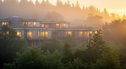 A contemporary multi-story building with green roofs and large glass windows is surrounded by a dense, misty forest during a golden sunrise.