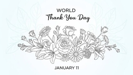 World Thank You Day floral illustration with text and date elegant line art design for greeting cards and social media posts January 11 celebration