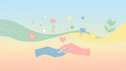 Gentle hands holding surrounded by soft pastel waves and blooming flowers symbolizing connection and care perfect for wellness or spring themes