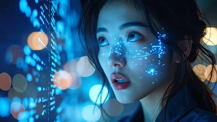 Futuristic Woman with Data Overlay and Glowing Lights - Powered by Adobe