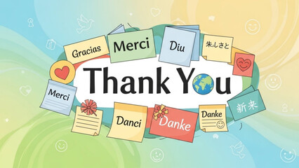 Thank You message in multiple languages surrounded by sticky notes with greetings representing global gratitude and appreciation perfect for cards and social media
