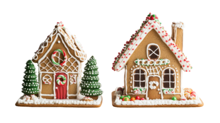 Two Gingerbread Houses with Alpine Tree Side by Side on White Background