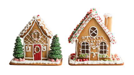 Two Gingerbread Houses with Alpine Tree Side by Side on White Background