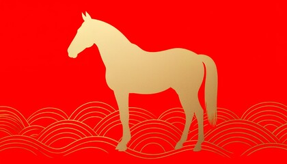 Obraz premium Silhouette of a Golden Horse Against a Vibrant Red Background