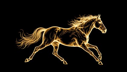 Fototapeta premium Glowing Horse in Motion with Flowing Mane and Tail on Black Background