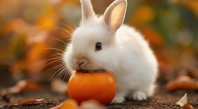 Image is a high-resolution photograph featuring a small, fluffy white rabbit with soft fur and large, expressive eyes. The rabbit is positioned in the foreground, nibbling on a bright orange persimmon