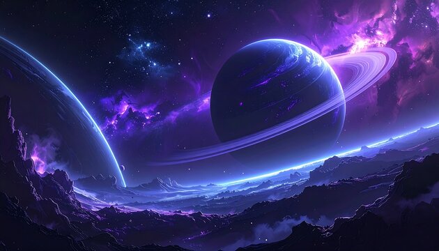 A celestial panorama of vibrant nebulae, cosmic planets, and ethereal rings adorns a distant landscape under starlight