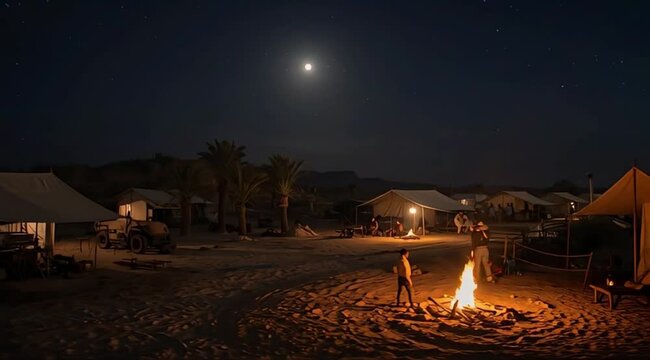Create a scene where an archaeological excavation is taking place in a semi-arid area.

In it, several people rest under large tents, and there are vehicles and machinery present. The atmosphere is ca