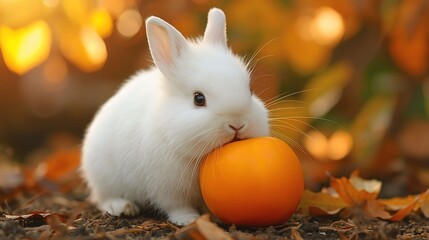 Image is a high-resolution photograph featuring a small, fluffy white rabbit with soft fur and large, expressive eyes. The rabbit is positioned in the foreground, nibbling on a bright orange persimmon
