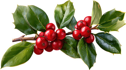 Realistic Holly Berry Cluster on Branch with Vivid Red Berries on transparent background