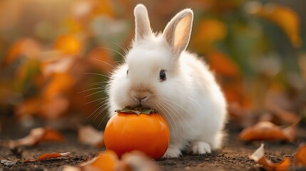 Image is a high-resolution photograph featuring a small, fluffy white rabbit with soft fur and large, expressive eyes. The rabbit is positioned in the foreground, nibbling on a bright orange persimmon