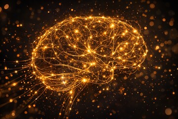 Human brain composed of glowing golden particles and interconnected light lines