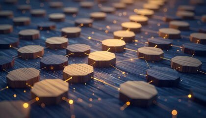 Abstract wooden octagon blocks connected by glowing digital lines for network and technology concept.