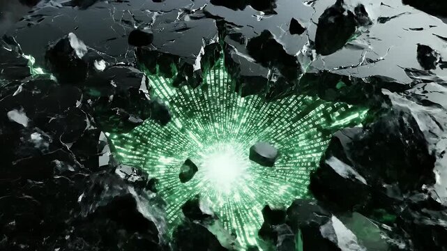 Cracked obsidian rock with bright green glowing energy