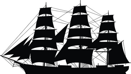 Historic tall ship silhouette with multiple sails isolated on white background, classic sailing vessel maritime history icon black vector illustration © Shahariar's World