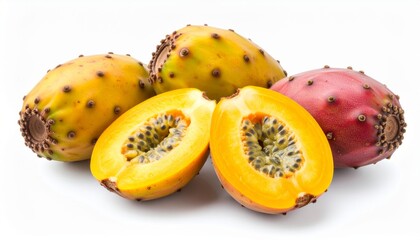 A close-up shot presents a vibrant assortment of sweet granadillas, some sliced in half.