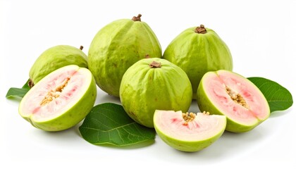 A cluster of fresh green guavas, some cut open revealing their pink flesh and seeds.