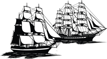 Historic sailing ships silhouette duo with tall masts and full sails, classic maritime vessels illustration isolated on white background art © Shahariar's World
