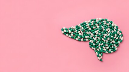 World Brain Day Brain made of pills, suggesting mental health or neurological treatment on pink background