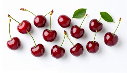 A group of fresh, ripe cherries with green stems and leaves arranged on white surface.
