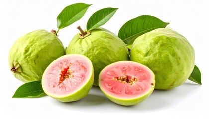 A colorful and fresh still life featuring whole and halved pink guavas with green leaves.