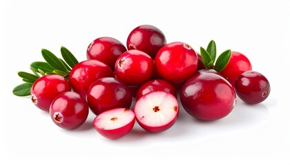 A group of glossy, vibrant red cranberries with fresh green leaves on a white surface.