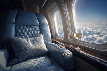 Blue leather airplane seat with wine glasses and a cloud view. Showcase luxury travel, exclusive flights and business class experience.