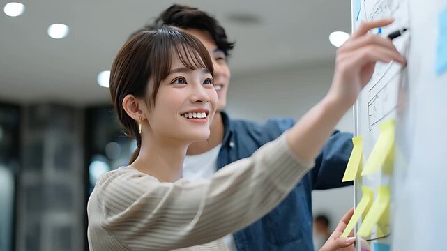 付箋を貼りながら笑顔で働く日本人クリエイティブチーム