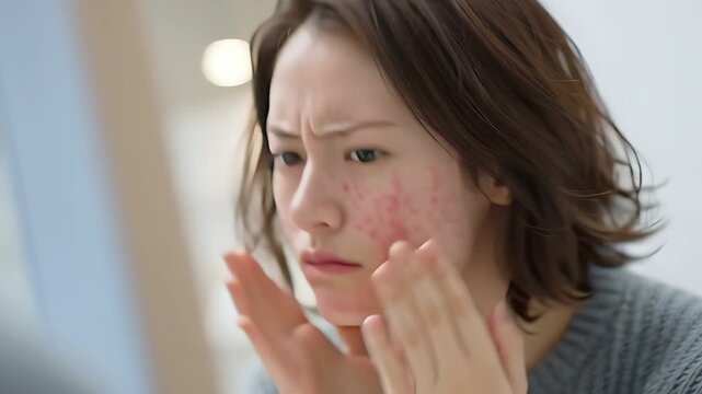 肌トラブルの原因を考えて鏡を見つめる日本人女性
