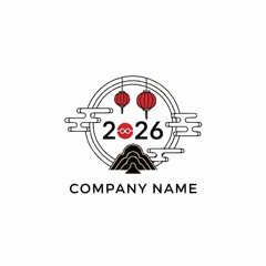 Fototapeta premium Chinese New Year 2026 logo design with lanterns and mountains.