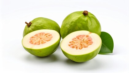 A group of whole and halved guava fruits displaying its light pink flesh and seeds.
