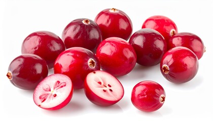 A vibrant arrangement of cranberries, some halved, showcases their ruby red color and