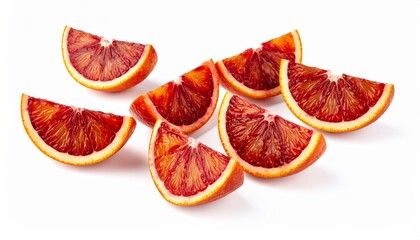 A vibrant arrangement of sliced blood oranges showcases their deep red hues against white.