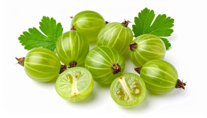 A vibrant close-up of fresh green gooseberries with leaves isolated on white backdrop.