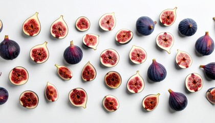 Artistic overhead flat lay arrangement shows whole and sliced ripe figs on white