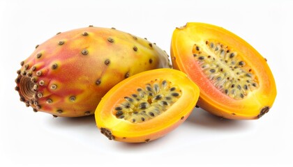 Bright still life presents whole and halved tuna fruits with unique textured skin.