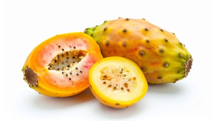Close-up of vibrant yellow prickly pears, one sliced, showcasing seeds, on white