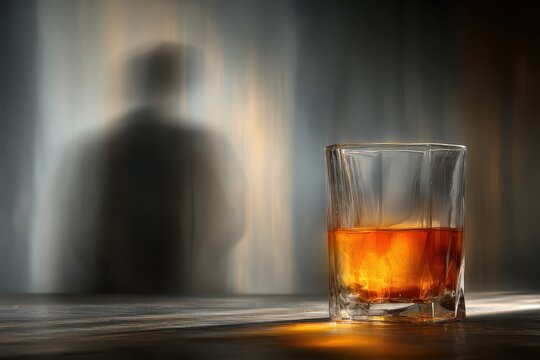 Glass of whiskey with a blurred figure standing in the background. Use it for alcohol abuse, addiction, and depression awareness campaigns. - Powered by Adobe
