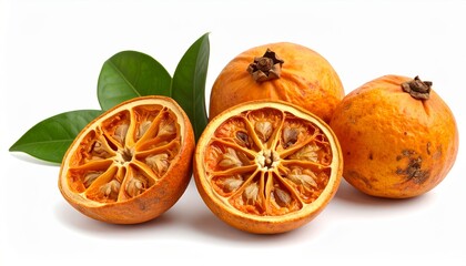 Dried oranges and green leaves arranged in a still life showcasing texture and color.