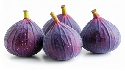 Four ripe, purple figs elegantly arranged on a clean white surface, showcasing freshness.