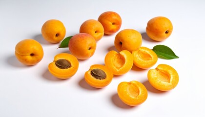 Fresh apricots arranged on white show halves with pits and full fruits invitingly.
