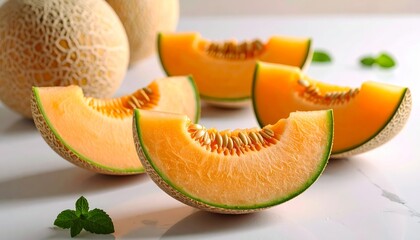 Juicy cantaloupe wedges are displayed with mint, creating a summery, refreshing scene.