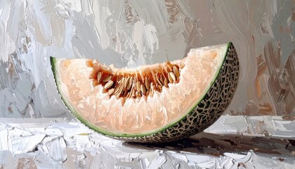 Impressionistic still life of a cantaloupe slice with seeds on a textured backdrop.