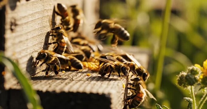 Bees buzzing around a wooden hive in a lush garden, showcasing nature's pollination process