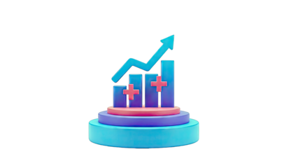 3D Bar Chart with Upward Arrow and Plus Signs